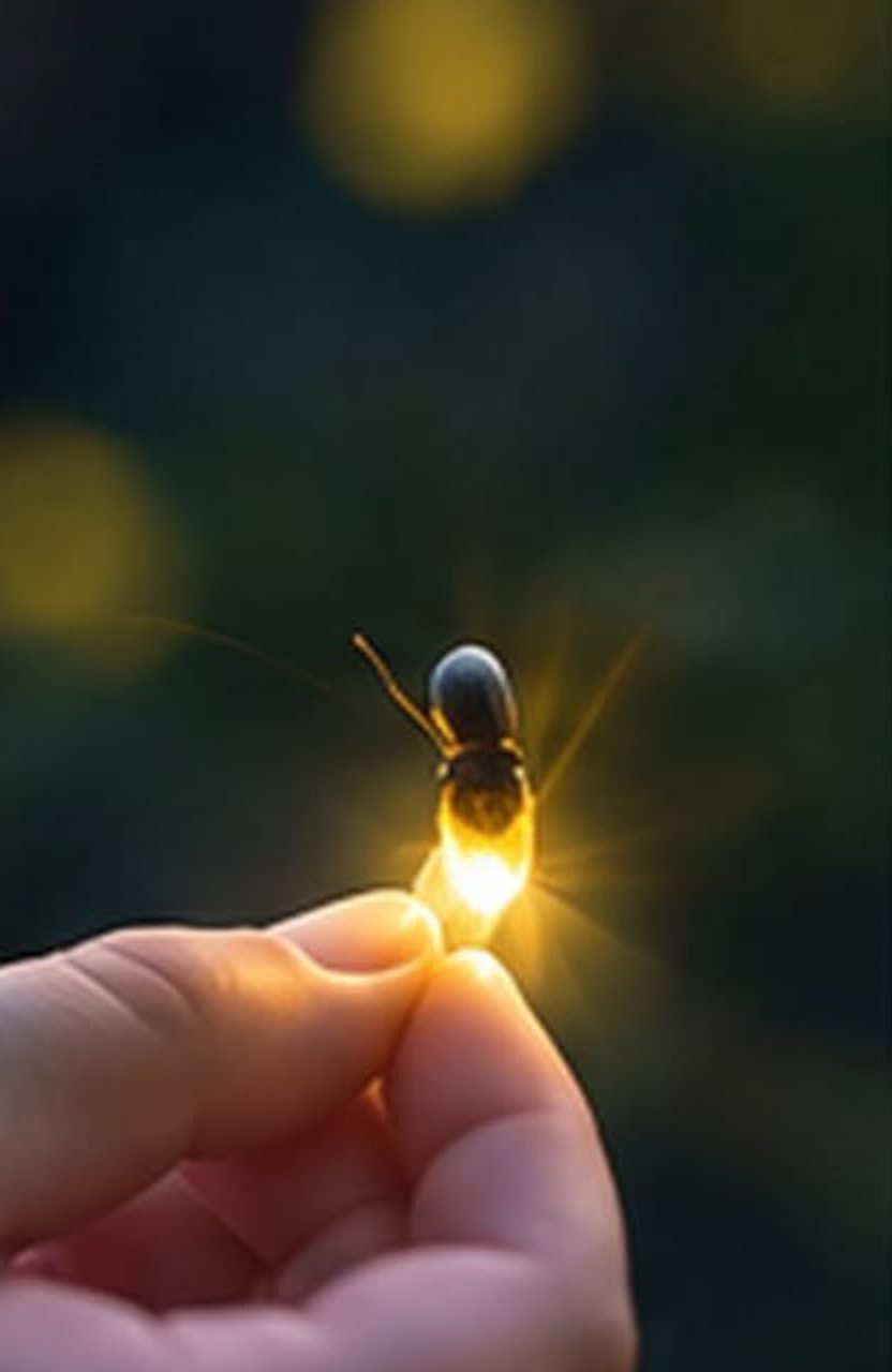 Mano de un niño sosteniendo una luciérnaga encendida